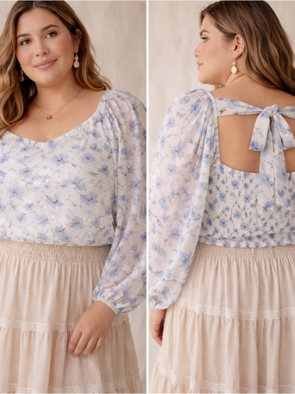ARULA Cream and Blue Floral Puff-Sleeve Tie-Back Blouse